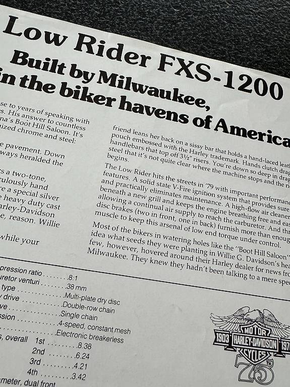 Prospekt, Katalog Harley Low Rider FXS 1200 von 1979 im Kanton Zürich