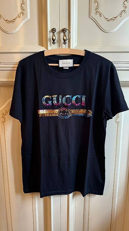 T Shirt Gucci donna nera con logo in pailettes arcobaleno Cantone Ticino tutti.ch