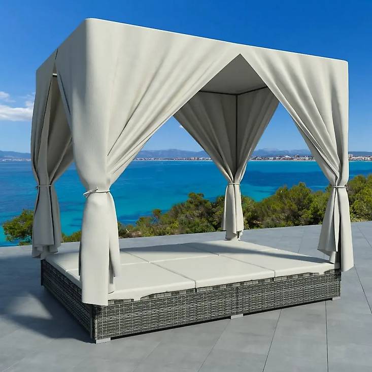 Sonnenliege mit Vorhängen Poly Rattan Grau in Zug kaufen - Bohnet Trade