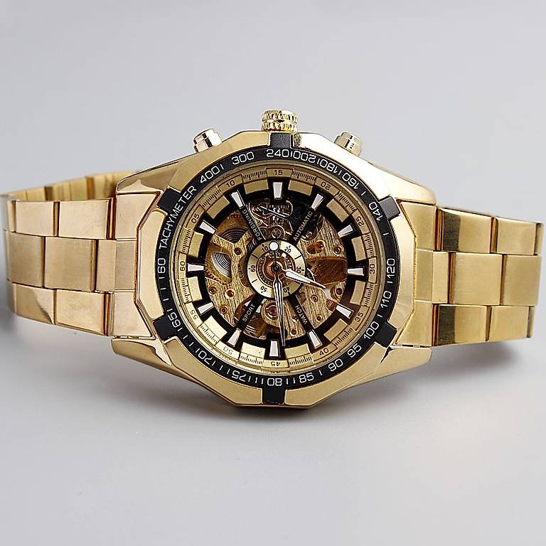 Herren Automatik Uhr Handaufzug Mechanisch Skeleton Gold Gehäuse Schwarz Lederarmband Business Classic Professional Gentleman Armbanduhr