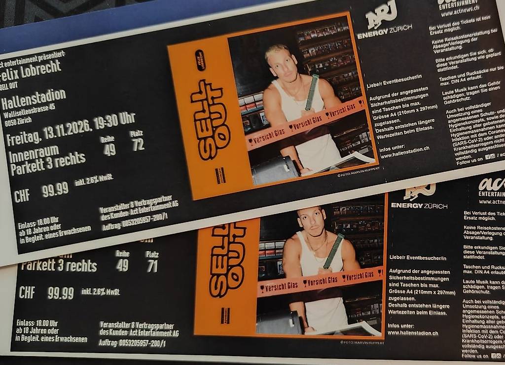  2 Tickets Felix Lobrecht SELL OUT Tour Zürich am 13.11.2026 im Kanton Bildidee 