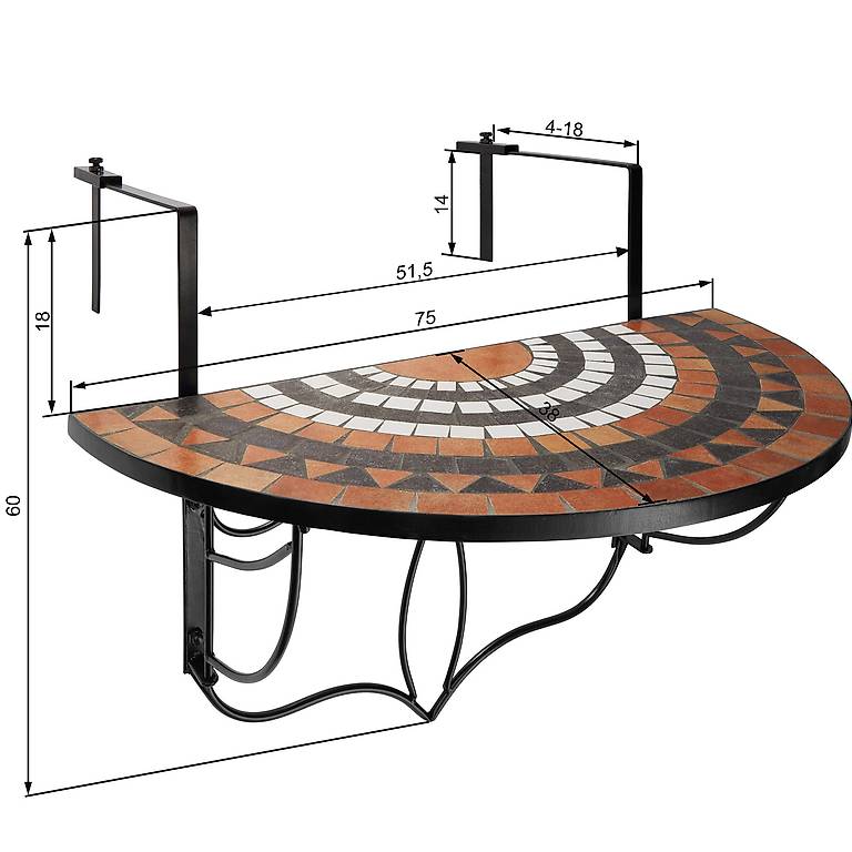 Tavolo Da Balcone Pieghevole Nero 60x40 Cm In Acciaio - Per Esterno, Montaggio A Parete, 4 Posti