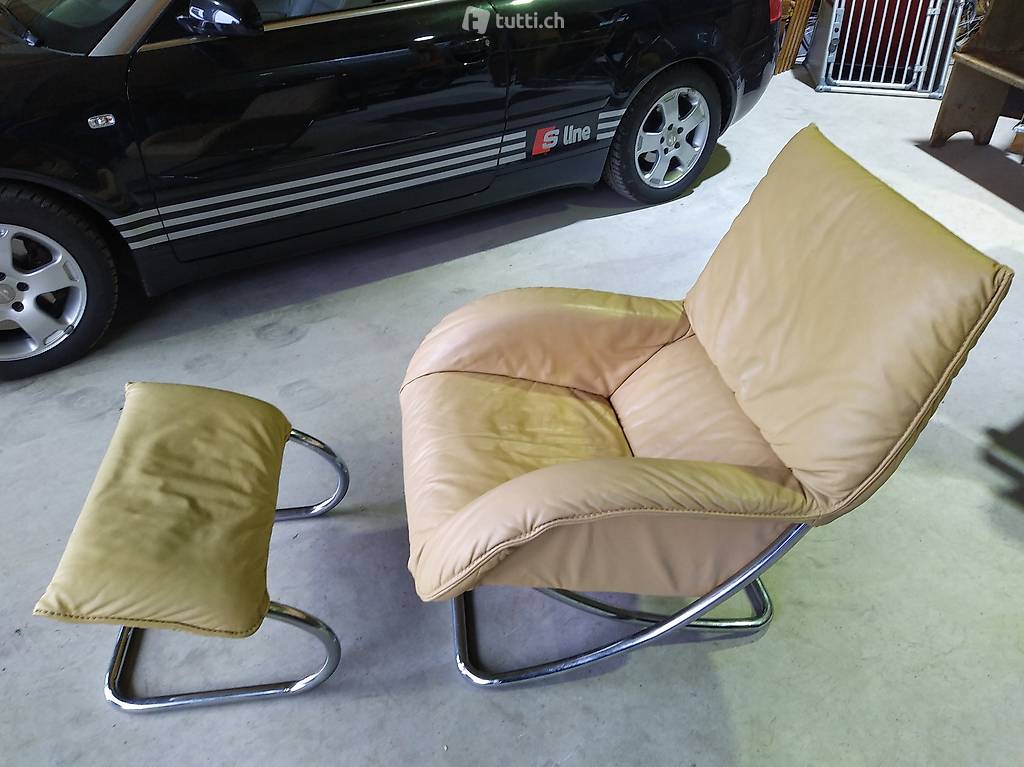 Vintage Leder Design Sessel mit Schaukelfunktion + Fussteil