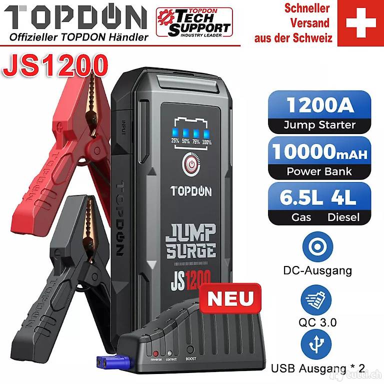 TOPDON 1200A Starthilfe Jump Starter Ladegerät Booster Powerbank diesel  10000mAh