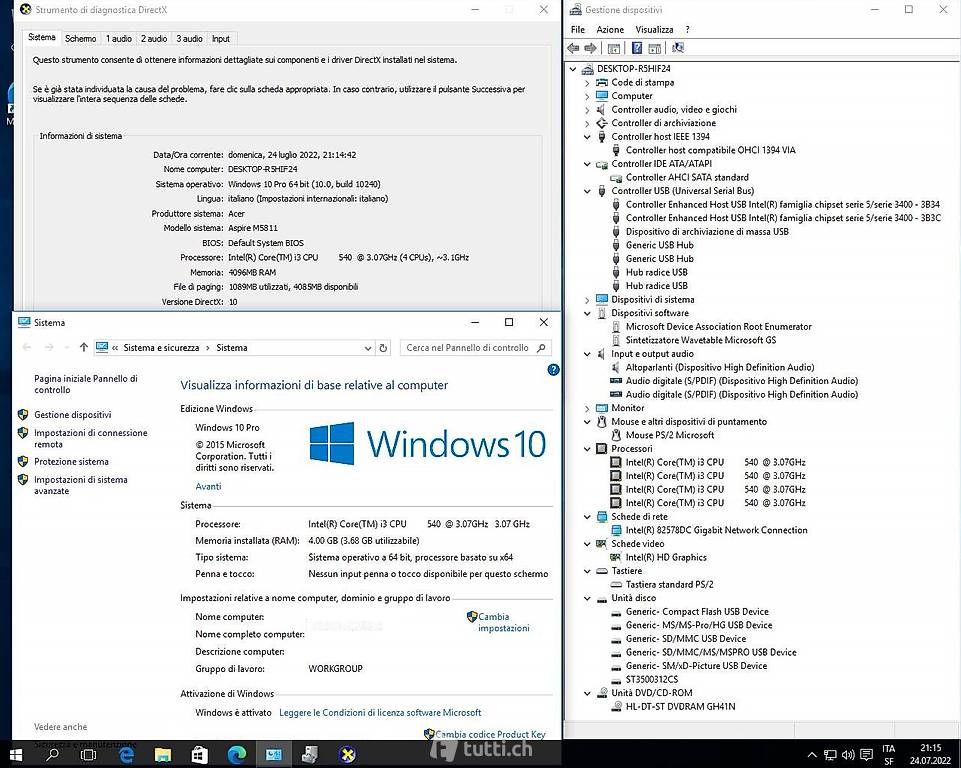 Computer Acer Aspire M5811 Windows 10 Pro Italiano 64 bit