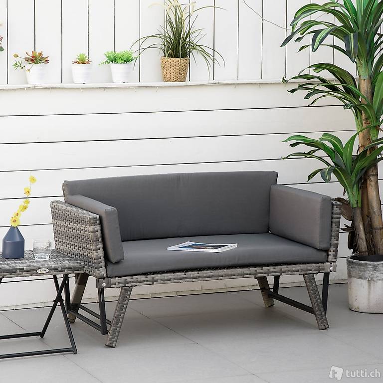  Gartensofa 2-Sitzer mit herunterklappbaren Armlehnen, Grau