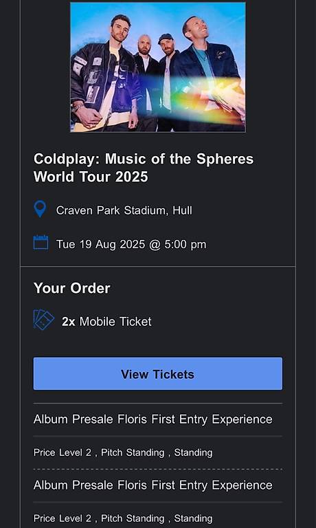 2x TOP Stehplatz Package Tickets COLDPLAY 2025 19.08 Hull im Kanton ...