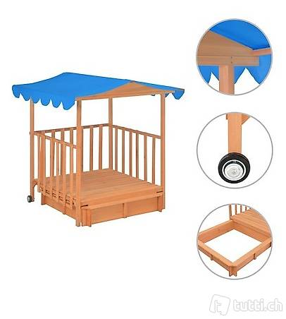  Kinderspielhaus mit Sandkasten Holz Blau UV50