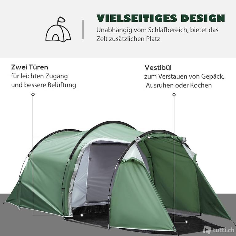  Zelt für 2-3 Personen 190T Tunnelzelt Campingzelt mit