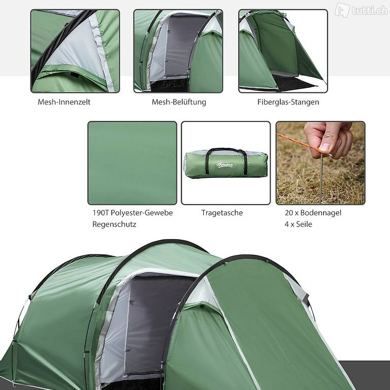  Zelt für 2-3 Personen 190T Tunnelzelt Campingzelt mit