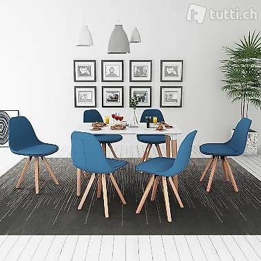  7-teilige Essgruppe Tisch Stühle Weiss und Blau 118 x 69x74