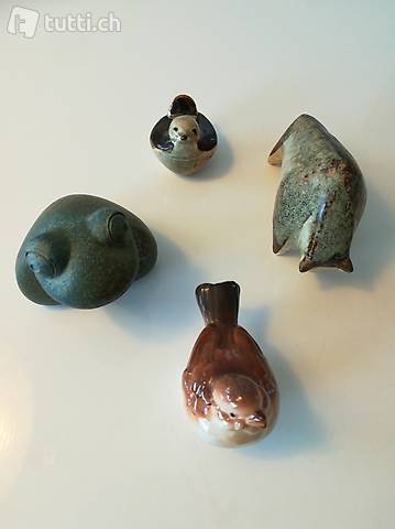 2 Keramik Tiere, Frosch,  Vogel