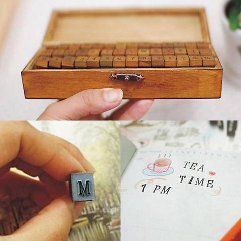 Stempelset 70-teilig Holz Box Alphabet Buchstaben Letters Zahlen als Geschenk