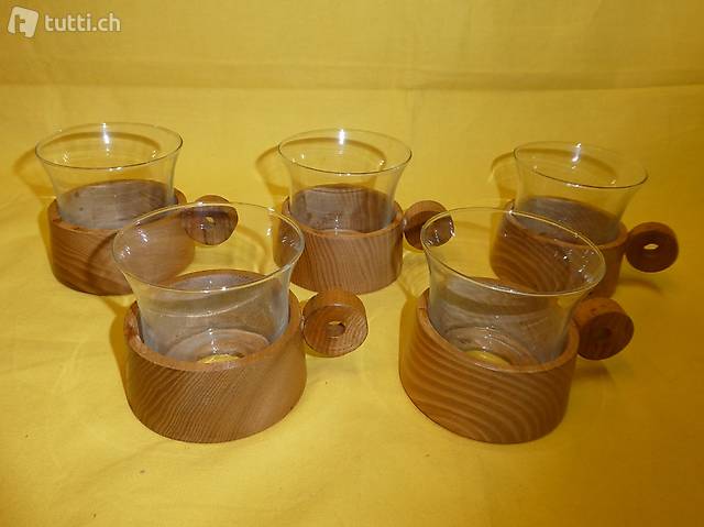 5 Teetassen mit Holzboden abnehmbar, Vintage schönes Holz