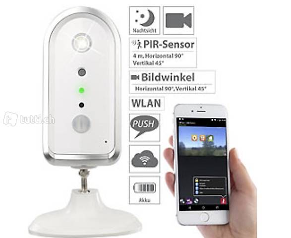 WLAN-HD-IP-Kamera mit Akku, PIR-Bewegungs-Sensor, Nachtsicht