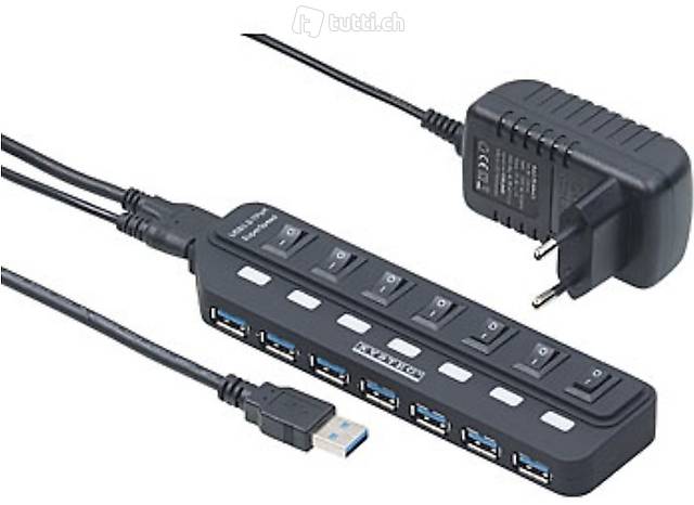 Aktiver USB-3.0-Hub mit 7 Ports, einzeln schaltbar, 2-A-Netz