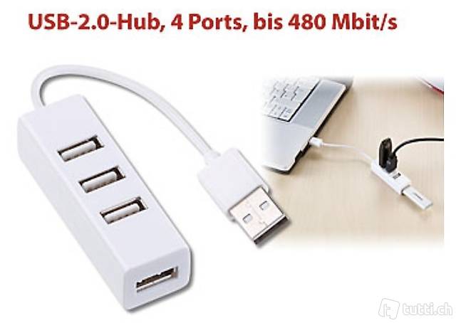 Superkompakter USB-2.0-Hub mit 4 Ports, bis 480 Mbit/s