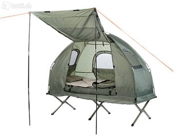4in1-Zelt mit Feldbett, Winter-Schlafsack, Matratze und Sonn