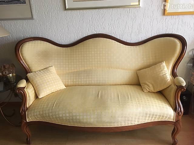 Sofa, original Louis Philippe ca.1860, gelb, massiv Nussbaum