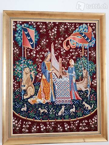 Gobelin Tapisserie Textilbild Paneele Dame mit Einhorn ohne Rahmen 110x65 cm 