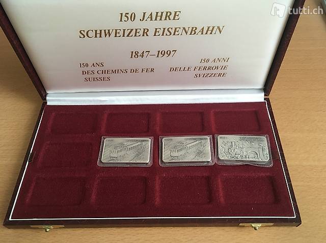 3 x 1 oz Silberbarren 150 J. Schweizer Eisenbahn, inkl. Etui