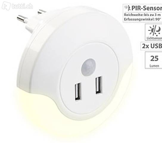 LED-Steckdosen-Nachtlicht mit PIR- und Lichtsensor, 2x USB (