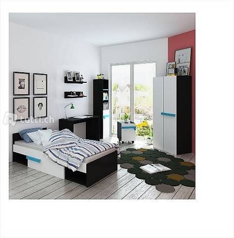 Achtteiliges Kinderschlafzimmer-Set mit Matratze Blau