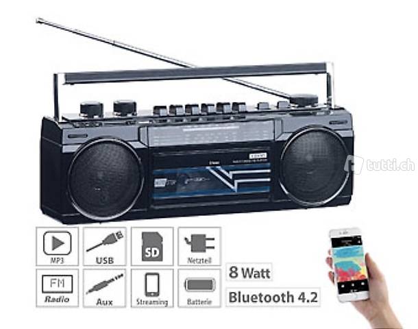 Retro-Boombox mit Kassetten-Player, Radio, USB, SD & Bluetoo
