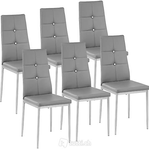 6 Esszimmerstühle, Kunstleder mit Glitzersteinen grau