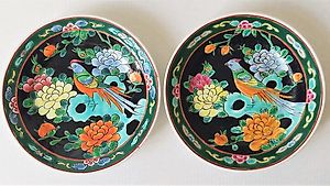 2 x Alter handbemalter Zierteller Vogel Blumen Made in Japan