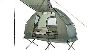 4in1-Zelt mit Feldbett, Winter-Schlafsack, Matratze und Sonn